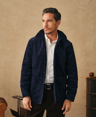 lifestyle shot of 1940s French Indigo Corduroy Chore Coat
