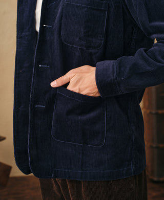 lifestyle shot of 1940s French Indigo Corduroy Chore Coat