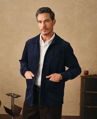 lifestyle shot of 1940s French Indigo Corduroy Chore Coat