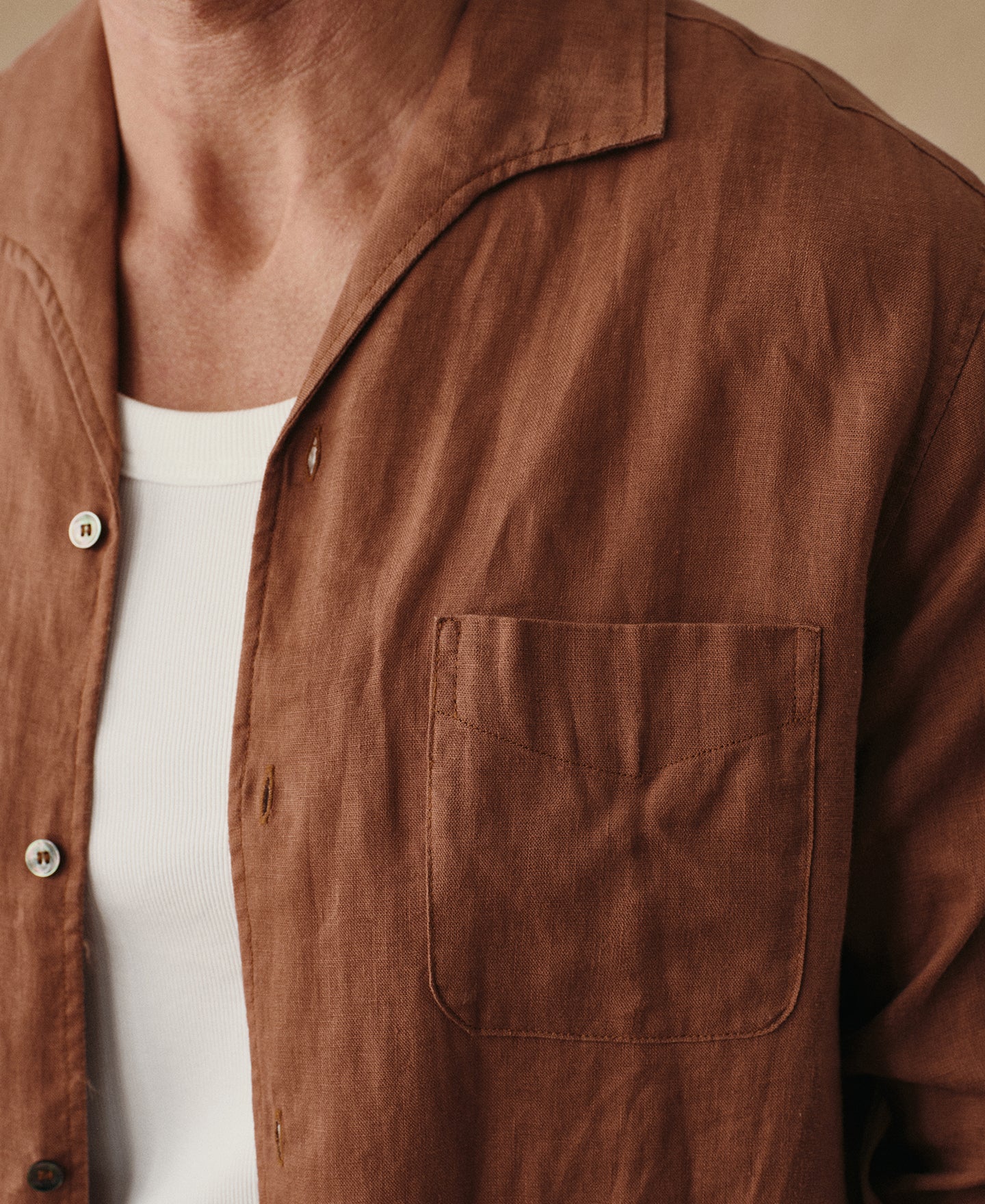 1950s Summer Linen Italian Collar Long-Sleeved Shirt - Brown