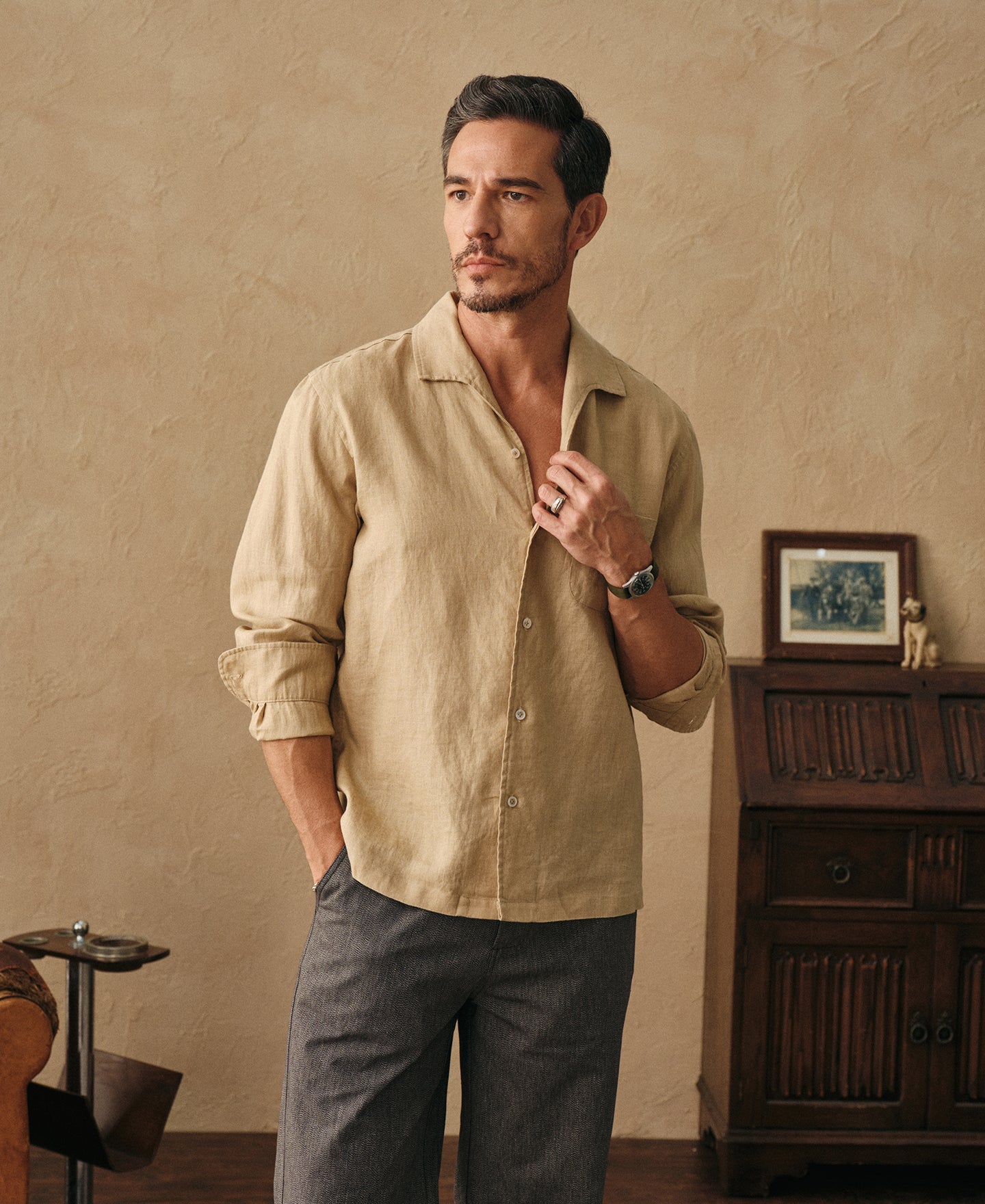 1950s Inspired Italian Collar Long Sleeve Linen Shirt - Light Coffee 1950s Inspired Italian Collar Long Sleeve Linen Shirt - Light Coffee