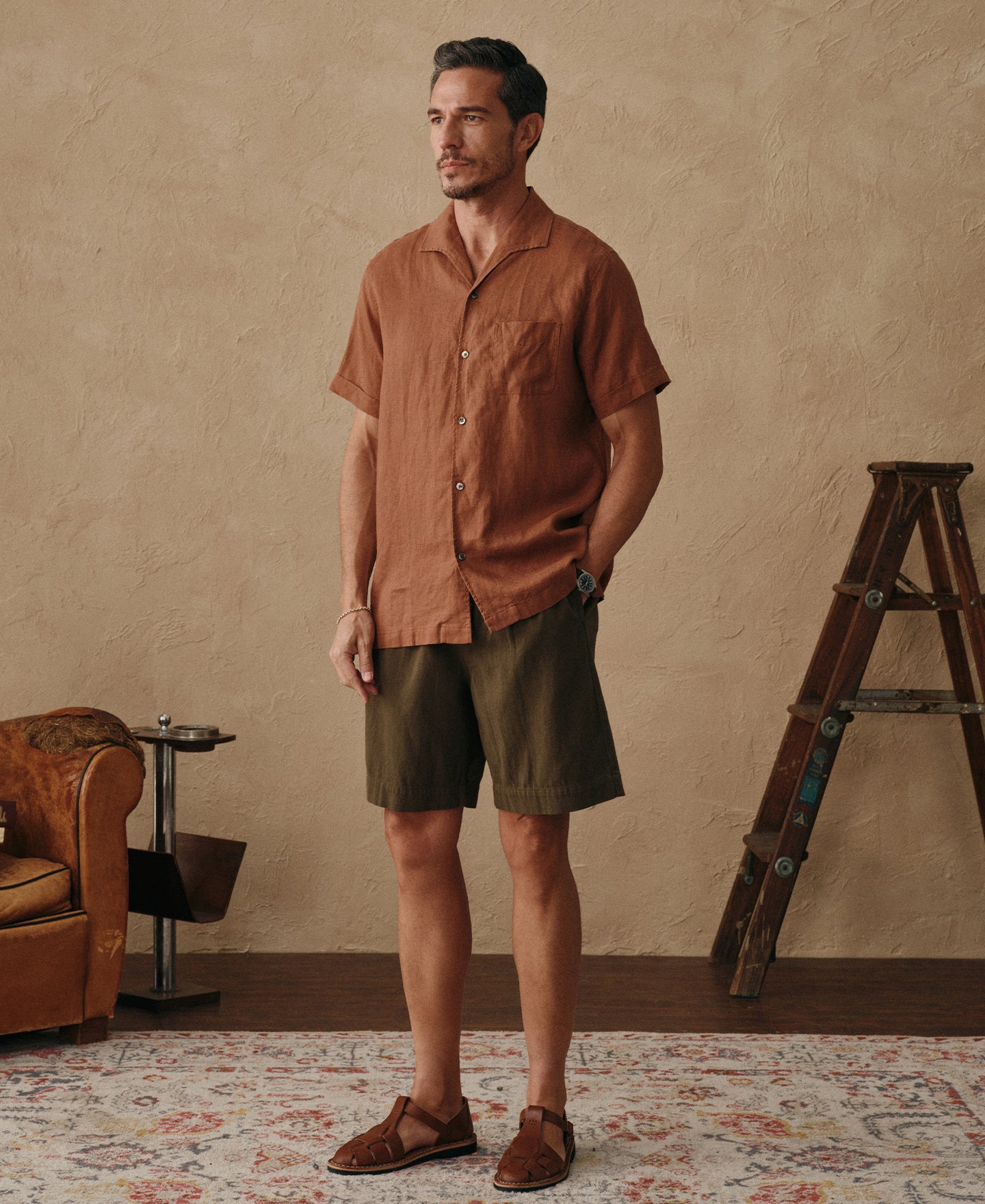 1950s Men's One Piece Collar Linen Short Sleeve Shirt - Brown | Time Catcher Time Catcher Clothing 1950s Men's One Piece Collar Linen Short Sleeve Shirt - Brown | Time Catcher Time Catcher Clothing
