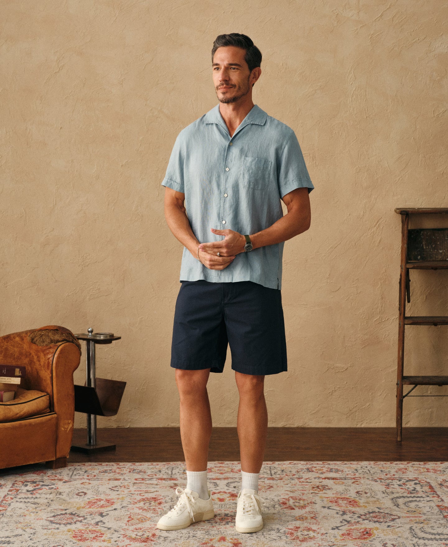 Men's Italian Collar Pure Linen Short-Sleeve Shirt - Light Blue