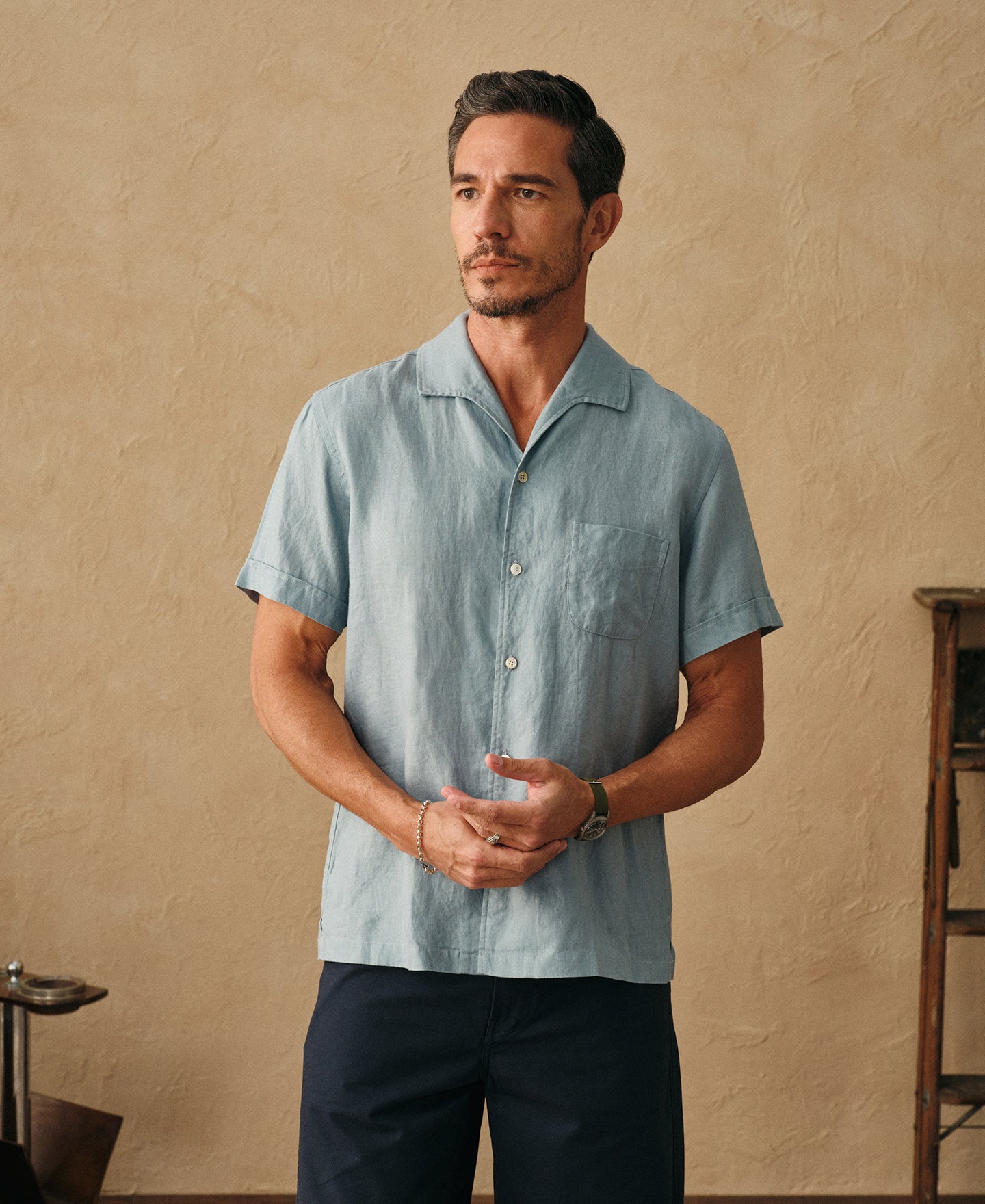 Men's Italian Collar Pure Linen Short-Sleeve Shirt - Light Blue