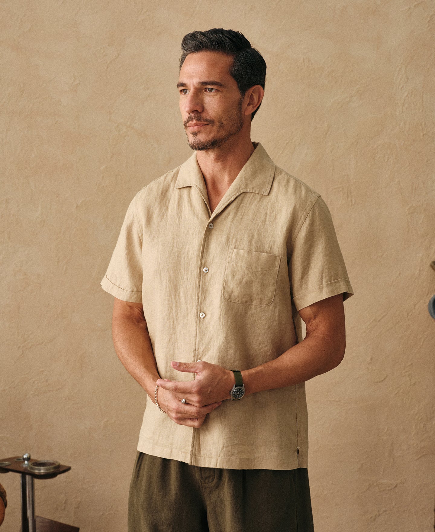 1950s Summer Linen Italian Collar Short-Sleeved Shirt - Light Coffee