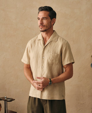 lifestyle shot of 1950s Italian Collar Linen Short Sleeve Shirt