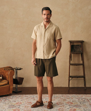 lifestyle shot of 1950s Italian Collar Linen Short Sleeve Shirt