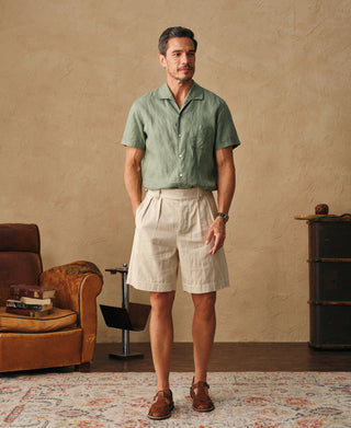 lifestyle shot of 1950s Italian Collar Linen Short Sleeve Shirt