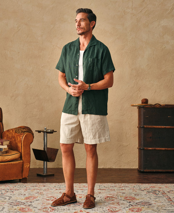 lifestyle shot of 1950s Italian Collar Linen Short Sleeve Shirt