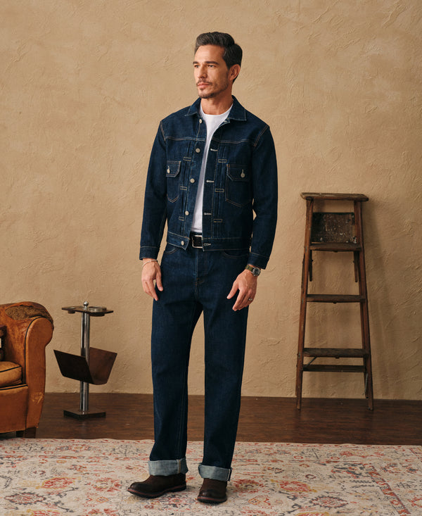 Indigo selvedge denim Type 2 jacket with button front and chest pockets