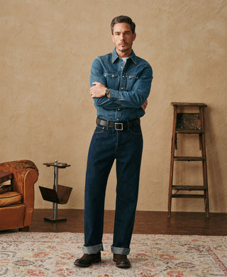 lifestyle shot of 1955 Classic Biker Selvedge Denim Jeans