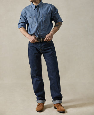 lifestyle shot of 1955 Classic Biker Selvedge Denim Jeans