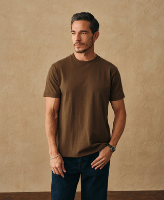 lifestyle shot of Regular Fit Heavyweight Tubular Jersey T-Shirt in Brown