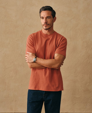 lifestyle shot of Regular Fit Heavyweight Tubular Jersey T-Shirt in Orange