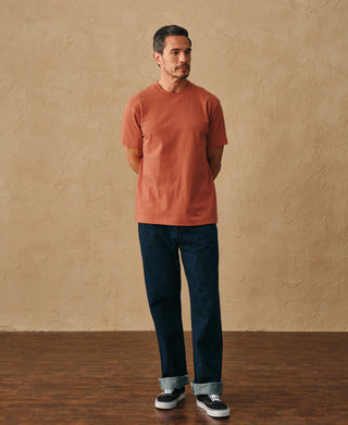 lifestyle shot of Regular Fit Heavyweight Tubular Jersey T-Shirt in Orange