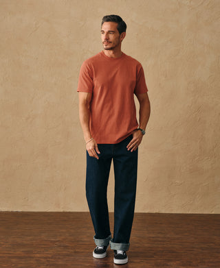 lifestyle shot of Regular Fit Heavyweight Tubular Jersey T-Shirt in Orange