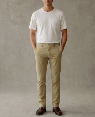 Khaki tapered cotton-blend pants with belt loops and front pockets