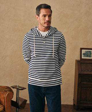 lifestyle shot of Classic Fit Breton Stripe Cotton Jersey Hoodie