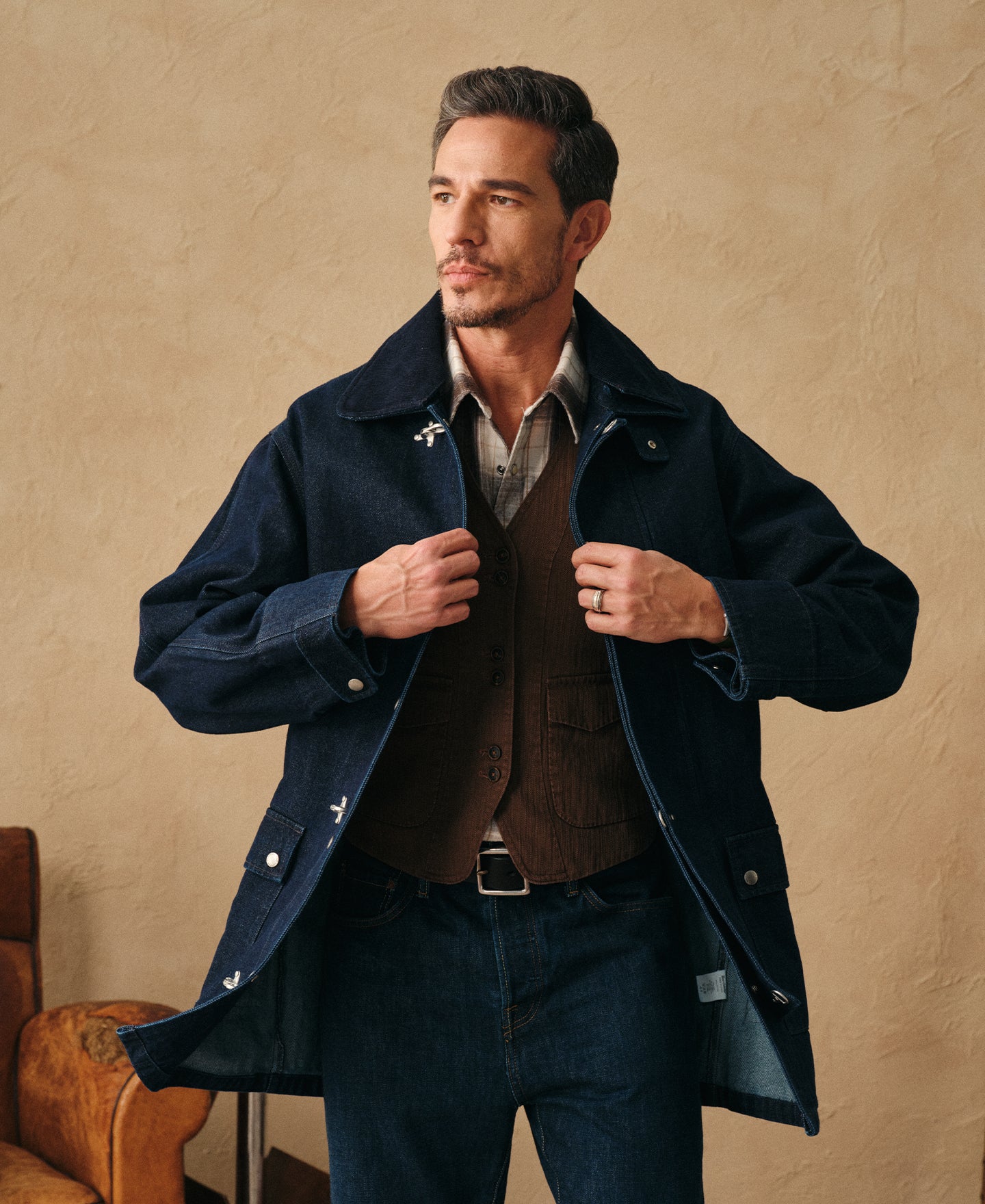 Vintage 90s Relaxed Denim Fireman's Clasp Work Jacket | Time Vintage 90s Relaxed Denim Fireman's Clasp Work Jacket | Time