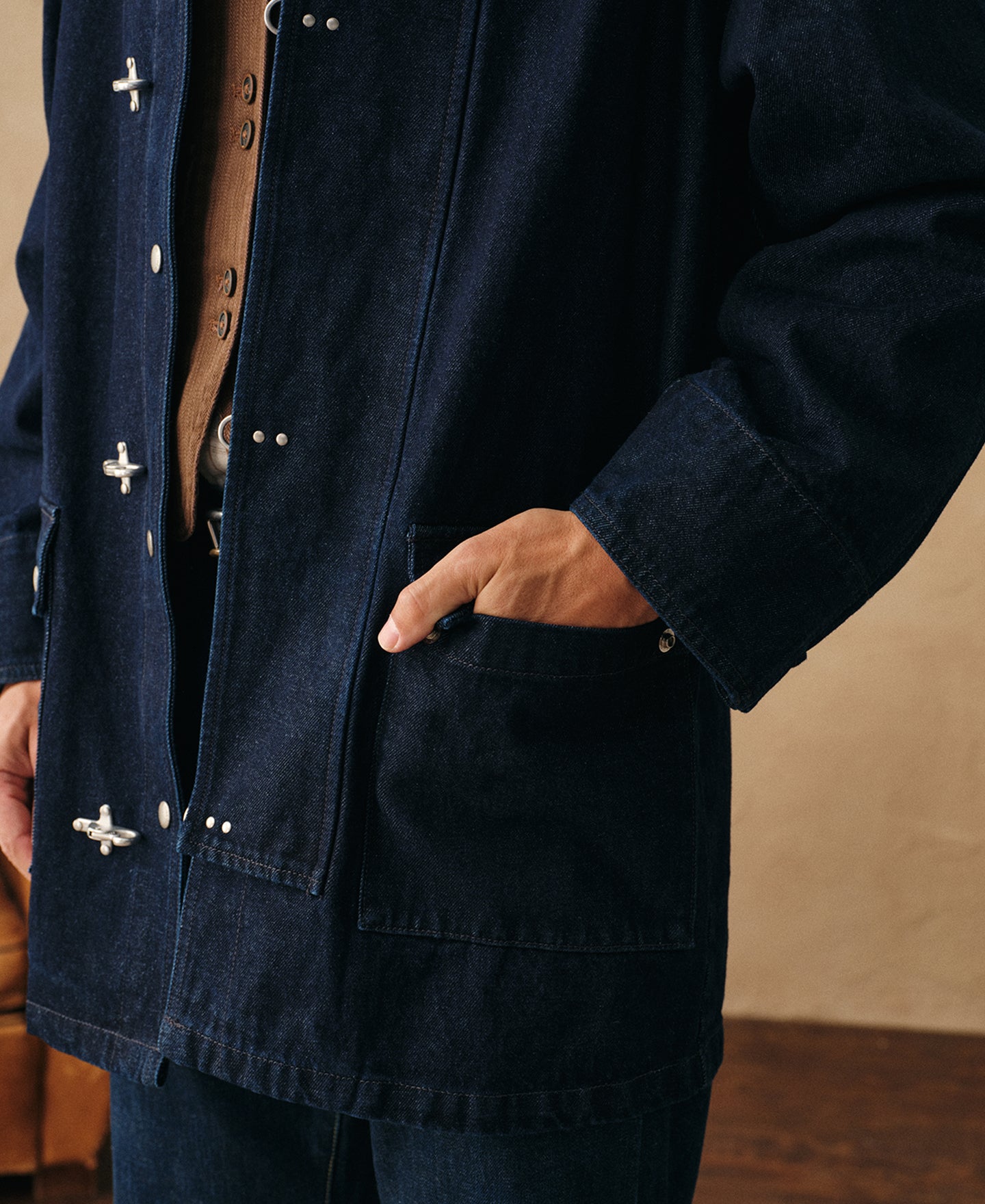 Vintage 90s Relaxed Denim Fireman's Clasp Work Jacket | Time Vintage 90s Relaxed Denim Fireman's Clasp Work Jacket | Time