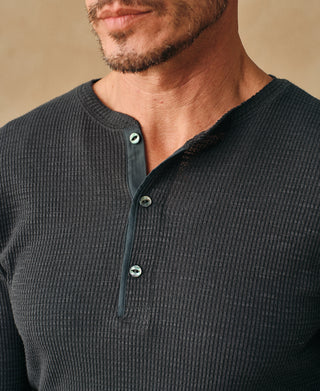lifestyle shot of Honeycomb Waffle Knit Henley Long Sleeve T-Shirt