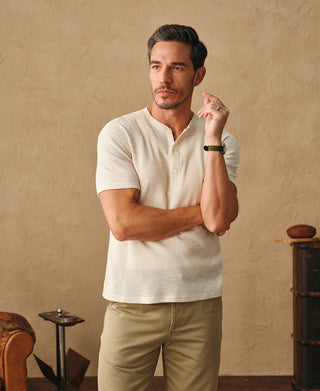 lifestyle shot of Honeycomb Waffle Knit Henley T-shirt