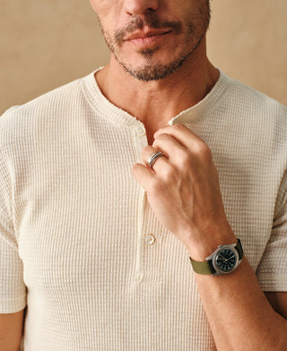 lifestyle shot of Honeycomb Waffle Knit Henley T-shirt
