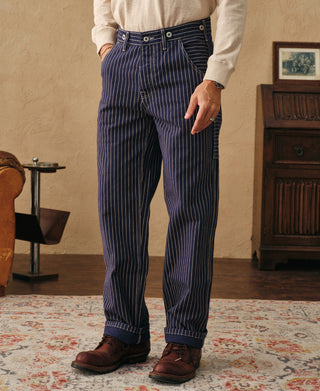 lifestyle shot of Indigo Wabash Stripe Work Trousers