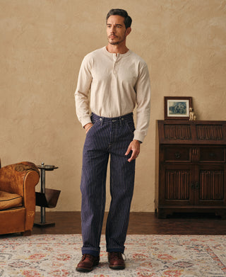 lifestyle shot of Indigo Wabash Stripe Work Trousers
