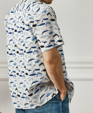 lifestyle shot of Marine Life Printed Seersucker Short Sleeve Camp Shirt