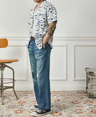 lifestyle shot of Marine Life Printed Seersucker Short Sleeve Camp Shirt