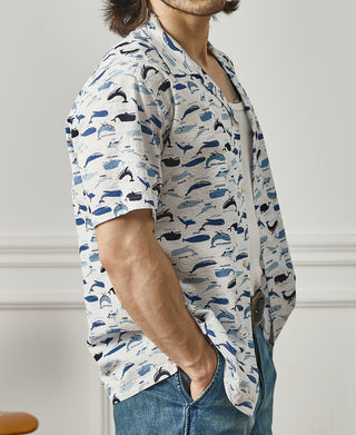 lifestyle shot of Marine Life Printed Seersucker Short Sleeve Camp Shirt