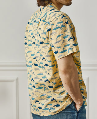 lifestyle shot of Marine Life Printed Seersucker Short Sleeve Camp Shirt