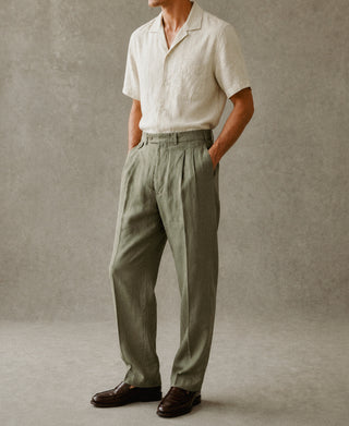 lifestyle shot of 1940s Double-Pleated Pure Hemp Pants in Olive