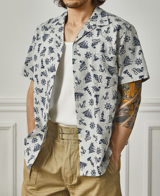 lifestyle shot of Nautical Printed Seersucker Short Sleeve Camp Shirt