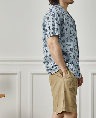 lifestyle shot of Nautical Printed Seersucker Short Sleeve Camp Shirt