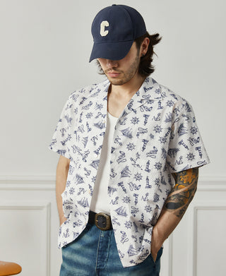 lifestyle shot of Nautical Printed Seersucker Short Sleeve Camp Shirt