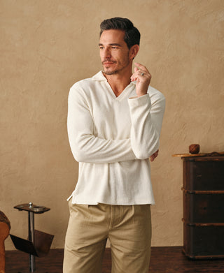 lifestyle shot of Silk and Cotton-Blend Terry Cloth Polo Shirt