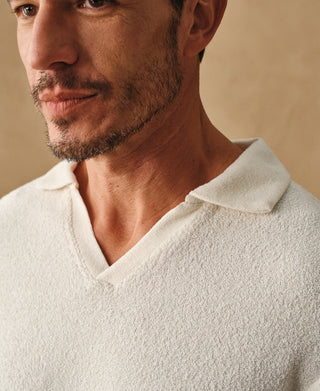 lifestyle shot of Silk and Cotton-Blend Terry Cloth Polo Shirt