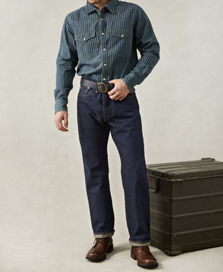 lifestyle shot of Slim Fit Wabash Striped Indigo Western Shirt