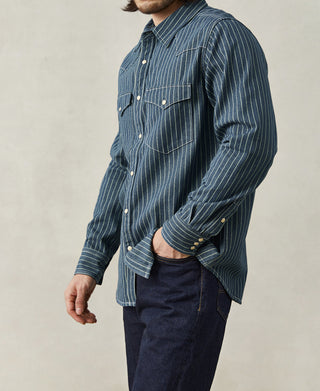 lifestyle shot of Slim Fit Wabash Striped Indigo Western Shirt
