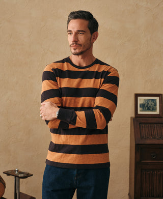 lifestyle shot of Slub Cotton Wide Striped Long-Sleeve T-Shirt