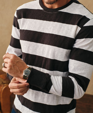 lifestyle shot of Slub Cotton Wide Striped Long-Sleeve T-Shirt
