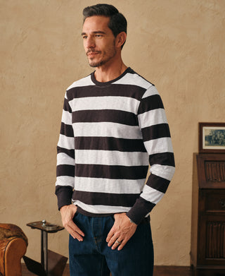 lifestyle shot of Slub Cotton Wide Striped Long-Sleeve T-Shirt