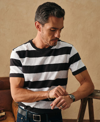 lifestyle shot of Slub Cotton Wide Striped T-Shirt