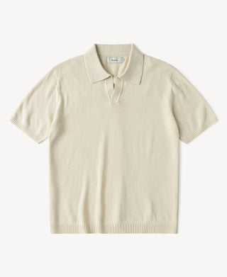 Linen Cotton Blend Knit Johnny Collar Polo in Apricot