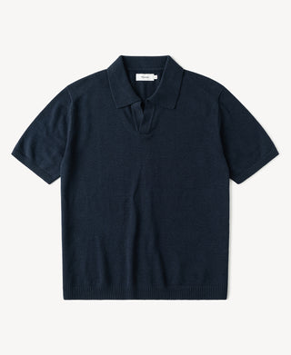 Linen Cotton Blend Knit Johnny Collar Polo in Indigo