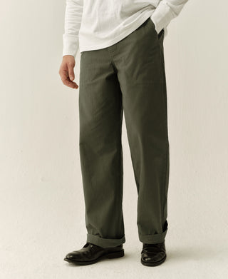 Olive herringbone deck pants with straight legs and belt loops