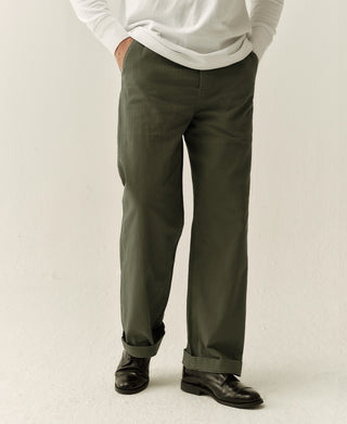 Olive herringbone deck pants, front button closure and cuffed hems