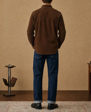 Brown cotton corduroy work shirt with button-up back and stand collar
